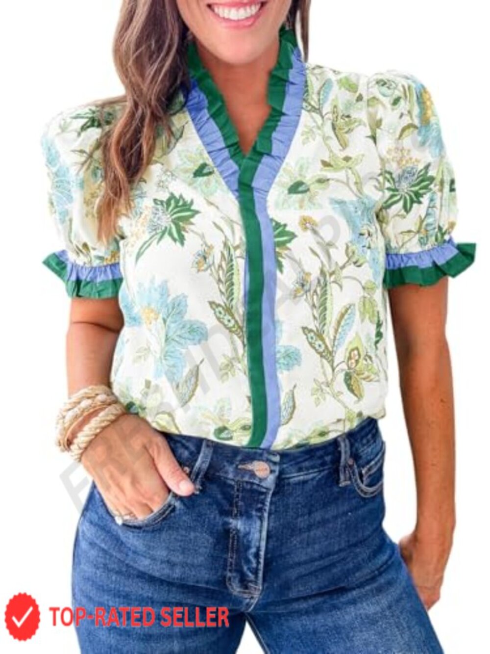 Womens Floral Print Button Down Blouse Puff Sleeve Ruffle V-Neck Casual Boho Top
